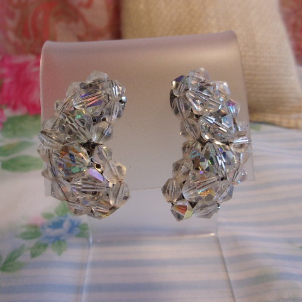 Crescent Shape Glass Bead Clip Earrings Vintage